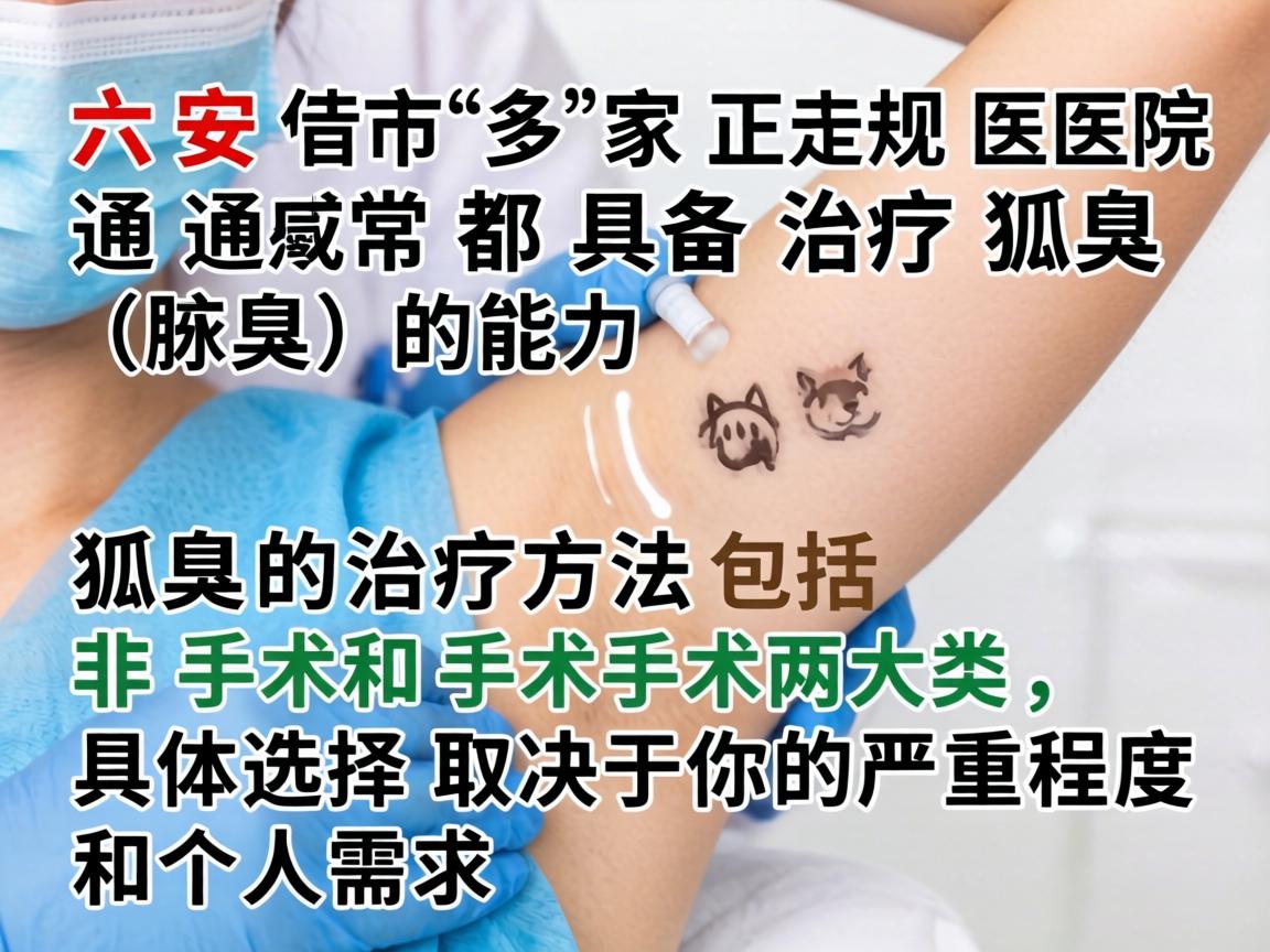 六安市的多家正规医院通常都具备治疗狐臭（腋臭）的能力。狐臭的治疗方法包括非手术和手术两大类，具体选择取决于你的严重程度和个人需求