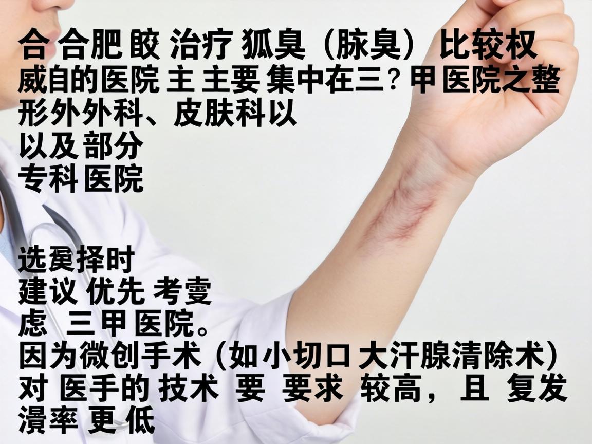 在合肥,治疗狐臭(腋臭)比较权威的医院主要集中在三甲医院的整形外科、皮肤科以及部分专科医院。选择时建议优先考虑三甲医院,因为微创手术(如小切口大汗腺清除术)对医生的技术要求较高,且复发率更低 在合肥,治疗狐臭(腋臭)比较权威的医院主要集中在三甲医院的整形外科、皮肤科以及部分专科医院。选择时建议优先考虑三甲医院,因为微创手术(如小切口大汗腺清除术)对医生的技术要求较高,且复发率更低