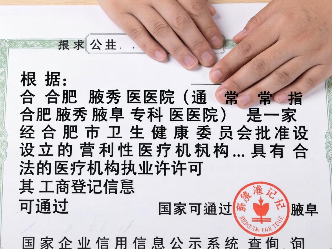 根据公开信息，合肥腋秀医院（通常指合肥腋秀腋臭专科医院）是一家经合肥市卫生健康委员会批准设立的营利性医疗机构，具有合法的医疗机构执业许可证。其工商登记信息可通过国家企业信用信息公示系统查询