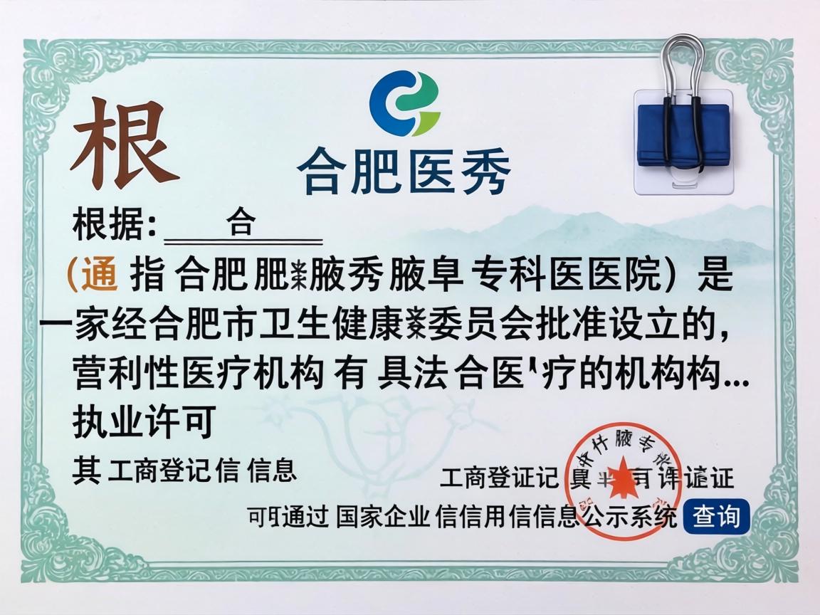 根据公开信息，合肥腋秀医院（通常指合肥腋秀腋臭专科医院）是一家经合肥市卫生健康委员会批准设立的营利性医疗机构，具有合法的医疗机构执业许可证。其工商登记信息可通过国家企业信用信息公示系统查询