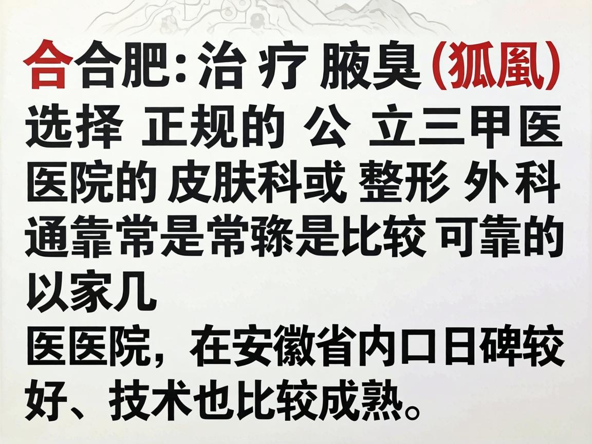 在合肥，治疗腋臭（狐臭）选择正规的公立三甲医院的皮肤科或整形外科通常是比较可靠的。以下几家医院在安徽省内口碑较好，技术也比较成熟