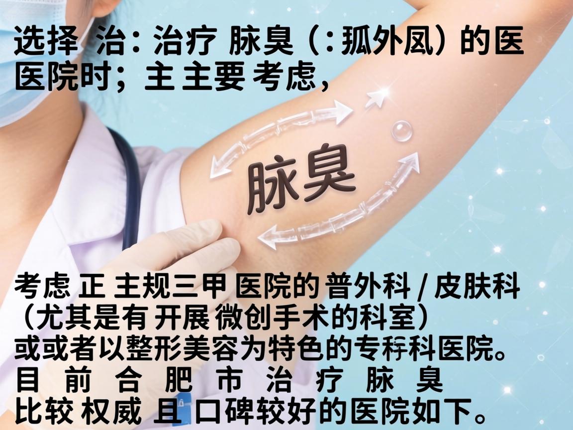 选择治疗腋臭（狐臭）的医院时，主要考虑正规三甲医院的普外科/皮肤科（尤其是有开展微创手术的科室）或者以整形美容为特色的专科医院。目前合肥市治疗腋臭比较权威且口碑较好的医院如下
