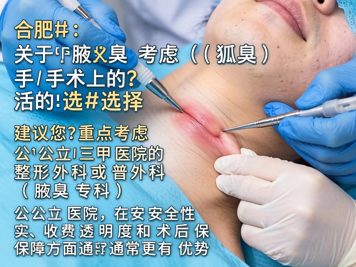 在合肥,关于腋臭(狐臭)手术的选择,建议您重点考虑公立三甲医院的整形外科或普外科(腋臭专科)公立医院在安全性、收费透明度和术后保障方面通常更有优势 在合肥,关于腋臭(狐臭)手术的选择,建议您重点考虑公立三甲医院的整形外科或普外科(腋臭专科)公立医院在安全性、收费透明度和术后保障方面通常更有优势