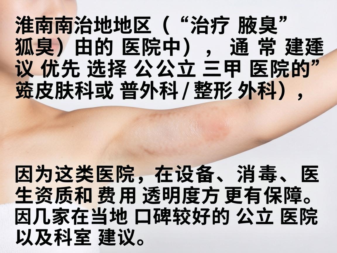 淮南地区治疗腋臭（狐臭）的医院中，通常建议优先选择公立三甲医院的皮肤科或普外科/整形外科，因为这类医院在设备、消毒、医生资质和费用透明度方面更有保障。以下是几家在当地口碑较好的公立医院及科室建议