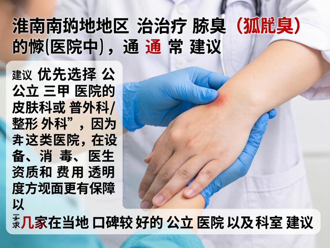 淮南地区治疗腋臭（狐臭）的医院中，通常建议优先选择公立三甲医院的皮肤科或普外科/整形外科，因为这类医院在设备、消毒、医生资质和费用透明度方面更有保障。以下是几家在当地口碑较好的公立医院及科室建议