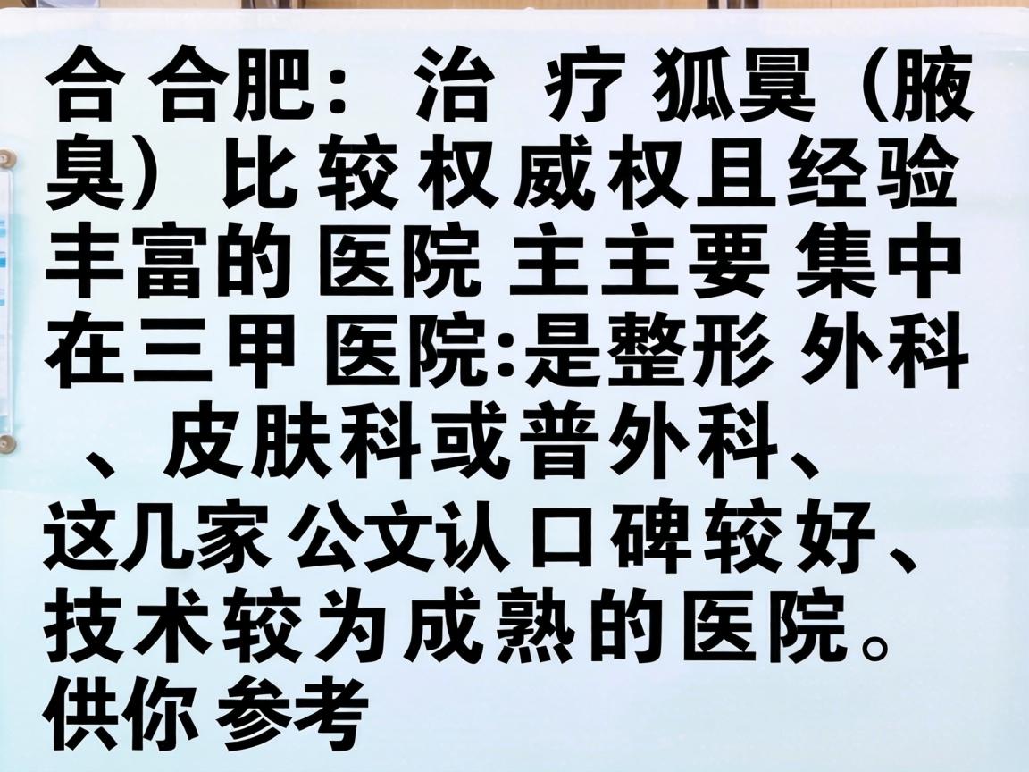 在合肥,治疗狐臭(腋臭)比较权威且经验丰富的医院主要集中在三甲医院的整形外科、皮肤科或普外科。以下是几家公认口碑较好、技术较为成熟的医院,供你参考 在合肥,治疗狐臭(腋臭)比较权威且经验丰富的医院主要集中在三甲医院的整形外科、皮肤科或普外科。以下是几家公认口碑较好、技术较为成熟的医院,供你参考