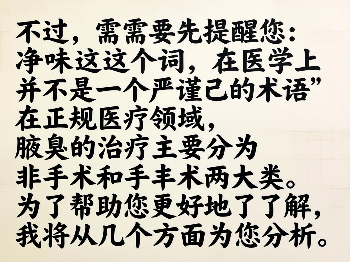 不过，需要先提醒您，净味这个词在医学上并不是一个严谨的术语。在正规医疗领域，腋臭的治疗主要分为非手术和手术两大类。为了帮助您更好地了解，我将从几个方面为您分析
