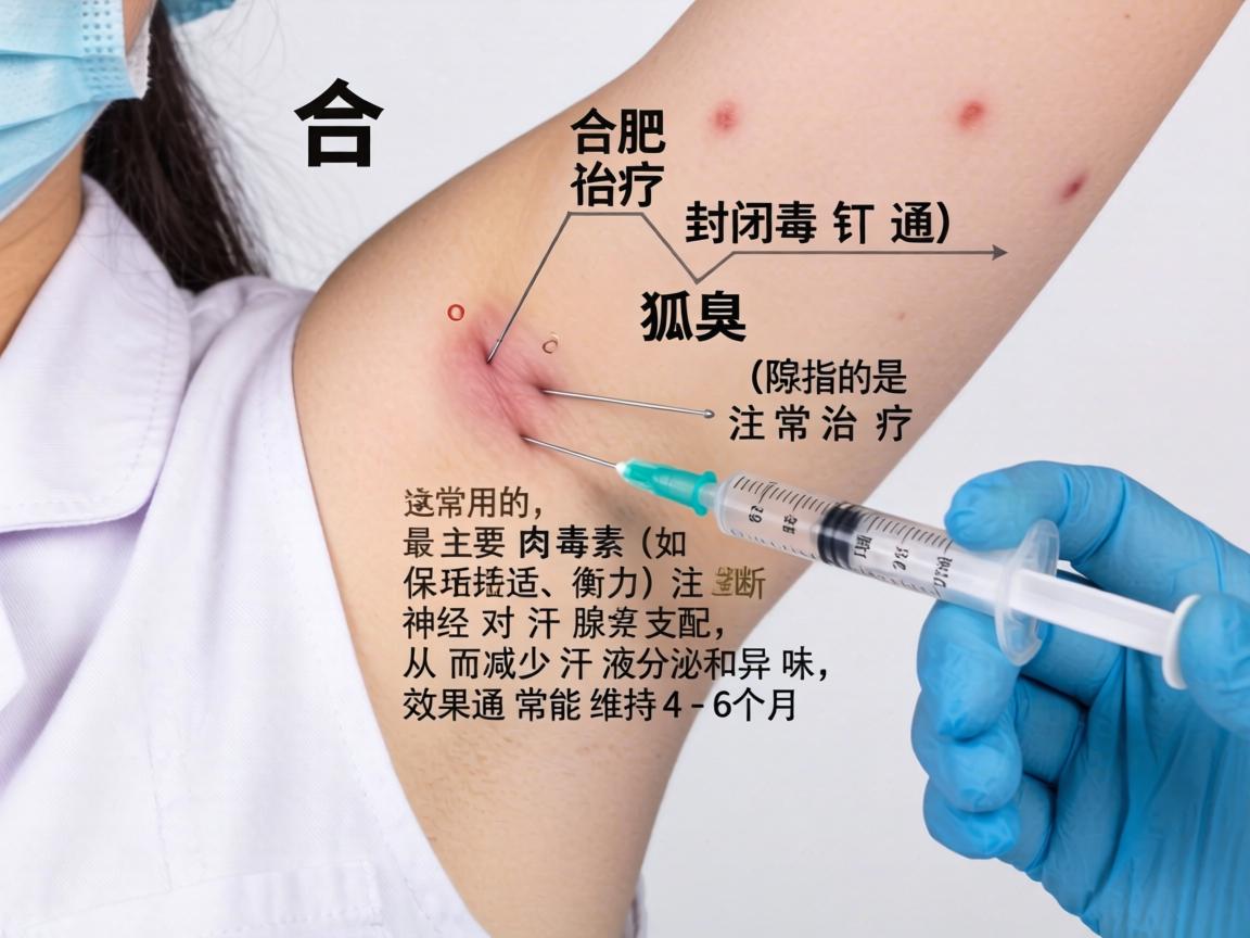 在合肥，治疗狐臭（腋臭）的封闭针通常指的是注射治疗，最常用的是肉毒素（如保妥适、衡力）注射。这种治疗主要通过阻断神经对汗腺的支配，从而减少汗液分泌和异味，效果通常能维持4-6个月