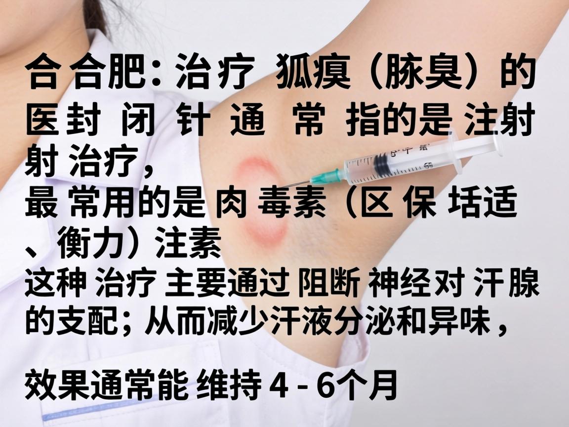 在合肥，治疗狐臭（腋臭）的封闭针通常指的是注射治疗，最常用的是肉毒素（如保妥适、衡力）注射。这种治疗主要通过阻断神经对汗腺的支配，从而减少汗液分泌和异味，效果通常能维持4-6个月