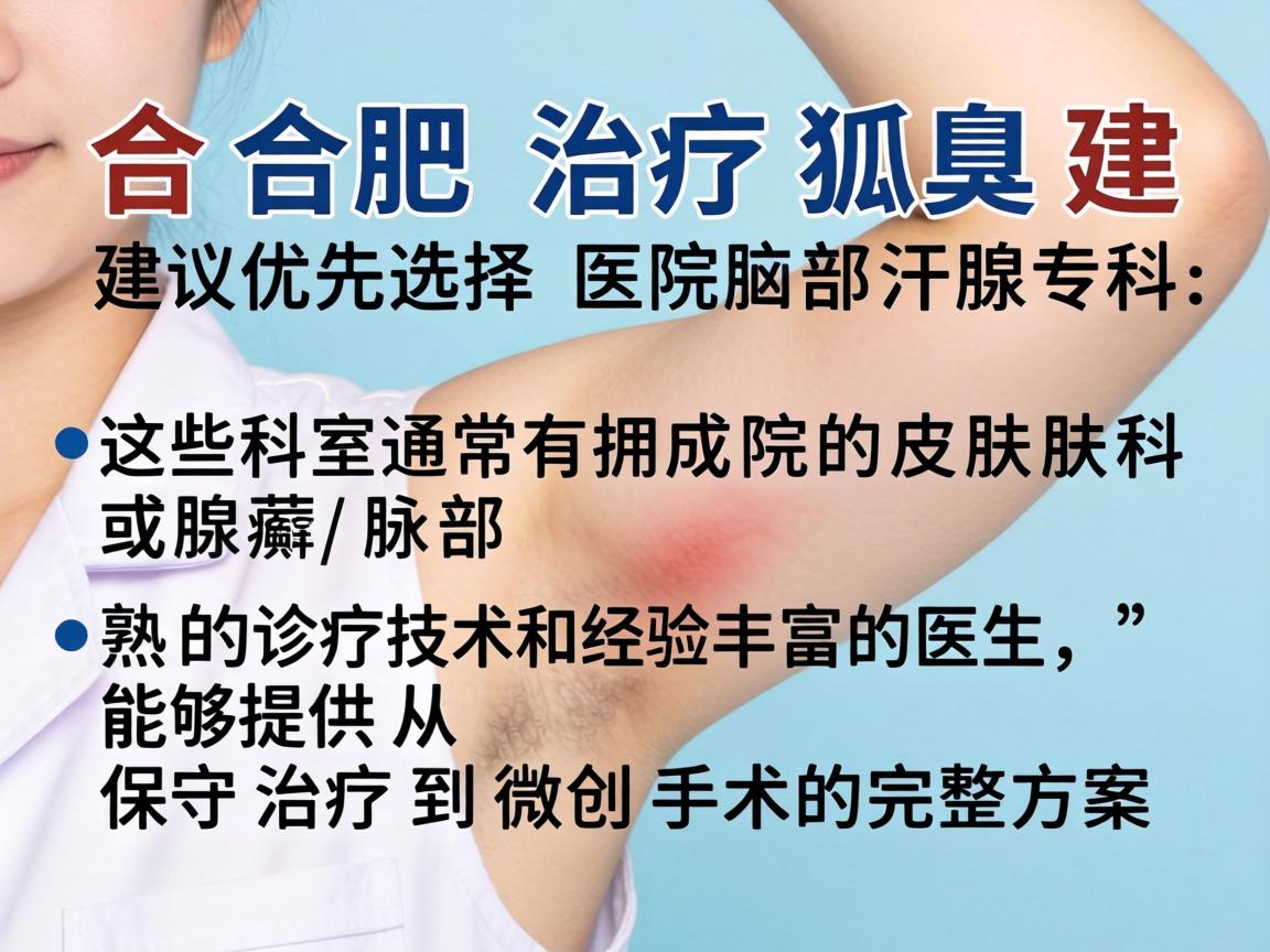 合肥治疗狐臭，建议优先选择三甲医院的皮肤科或腋臭/腋部汗腺专科。这些科室通常拥有成熟的诊疗技术和经验丰富的医生，能够提供从保守治疗到微创手术的完整方案