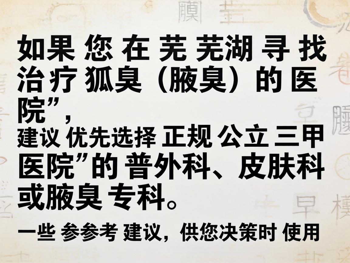 如果您在芜湖寻找治疗狐臭（腋臭）的医院，建议优先选择正规公立三甲医院的普外科、皮肤科或腋臭专科。以下是一些参考建议，供您决策时使用