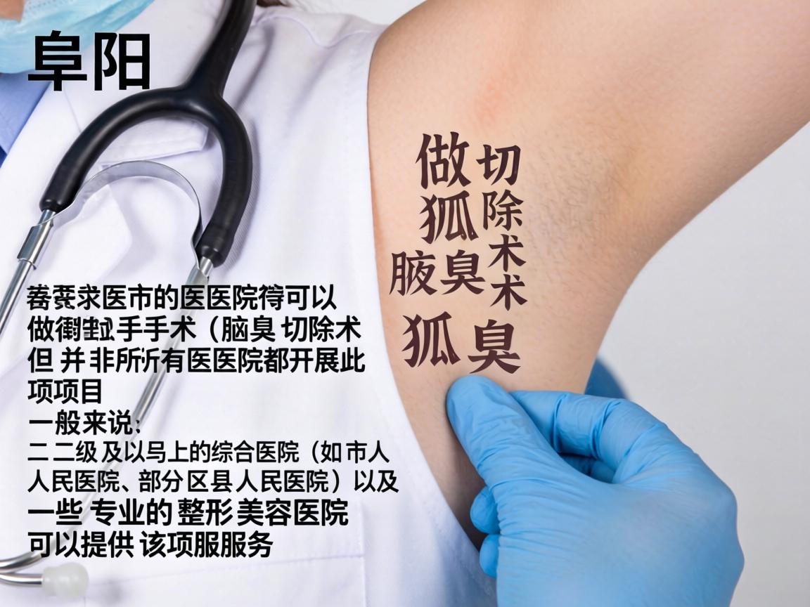 阜阳市的医院可以做狐臭手术(腋臭切除术)但并非所有医院都开展此项目。一般来说,二级及以上的综合医院(如市人民医院、部分区县人民医院)以及一些专业的整形美容医院可以提供该项服务 阜阳市的医院可以做狐臭手术(腋臭切除术)但并非所有医院都开展此项目。一般来说,二级及以上的综合医院(如市人民医院、部分区县人民医院)以及一些专业的整形美容医院可以提供该项服务