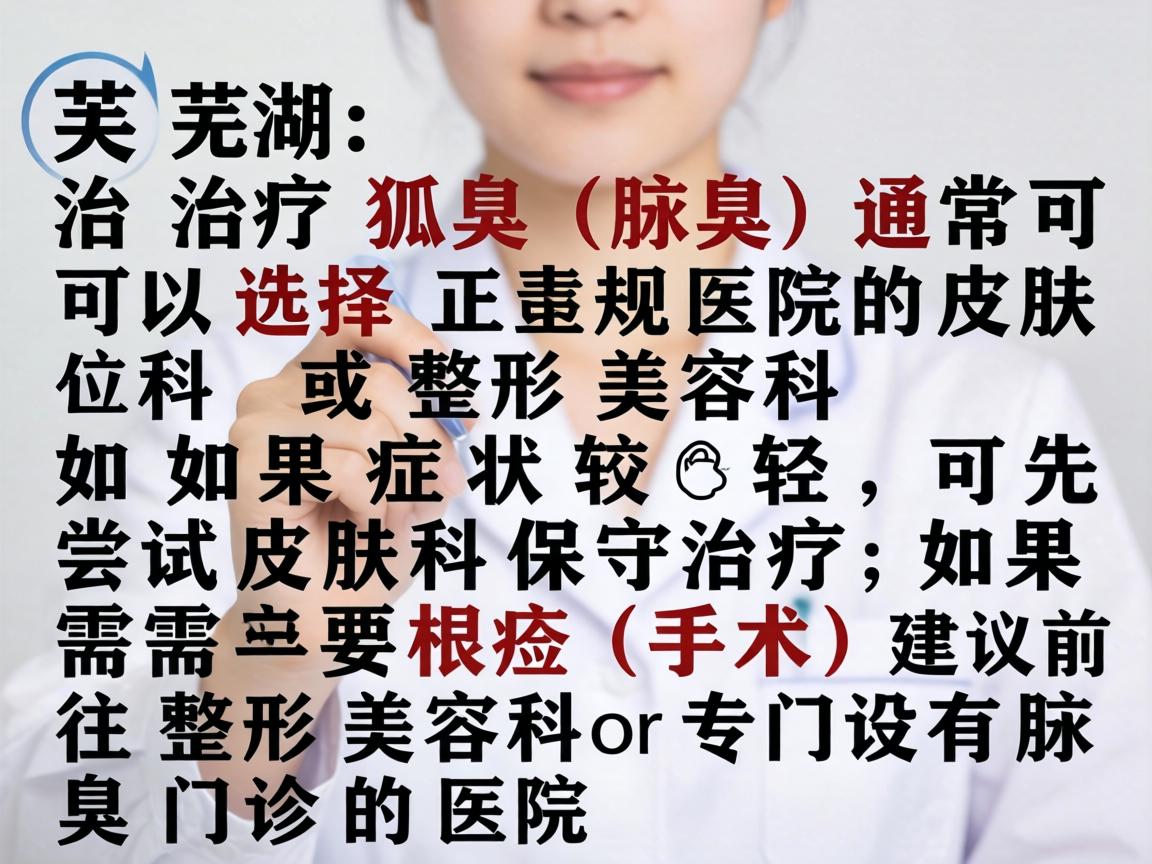 在芜湖，治疗狐臭（腋臭）通常可以选择正规医院的皮肤科或整形美容科。如果症状较轻，可先尝试皮肤科保守治疗；如果需要根治（手术）建议前往整形美容科或专门设有腋臭门诊的医院