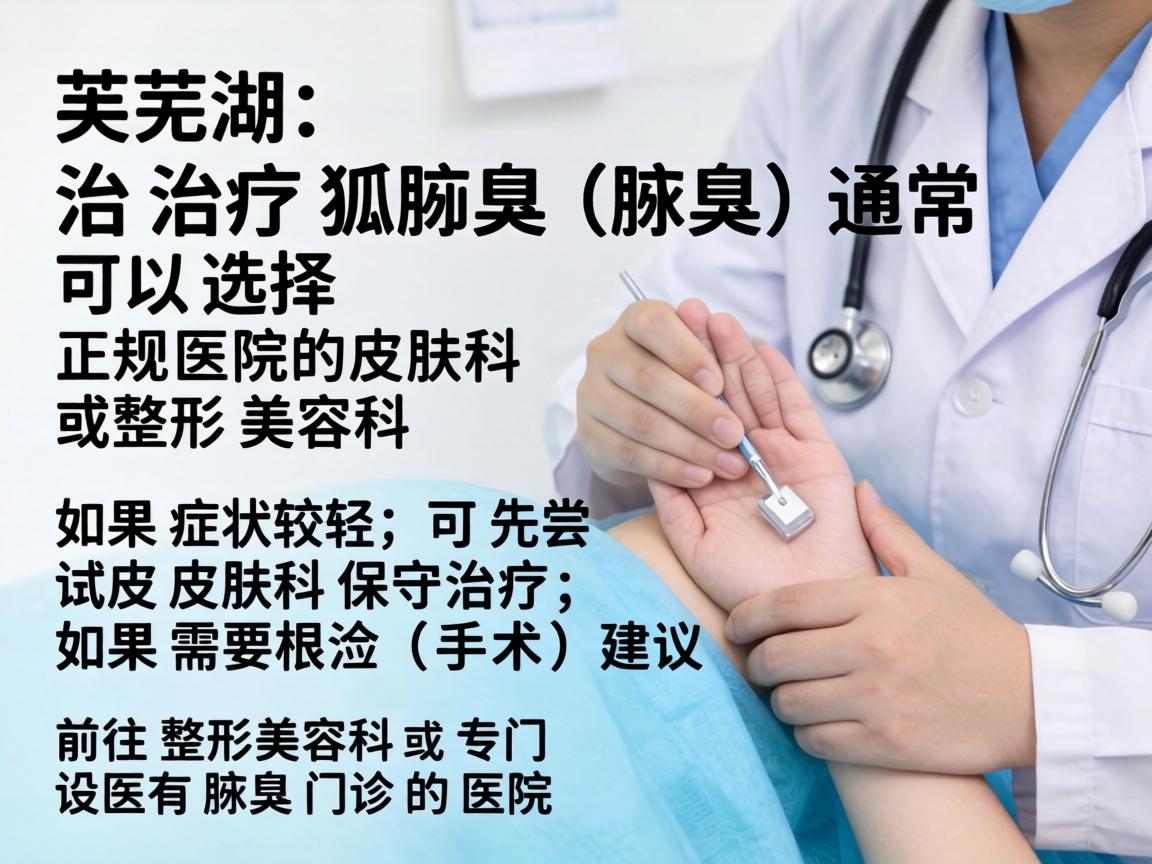 在芜湖，治疗狐臭（腋臭）通常可以选择正规医院的皮肤科或整形美容科。如果症状较轻，可先尝试皮肤科保守治疗；如果需要根治（手术）建议前往整形美容科或专门设有腋臭门诊的医院
