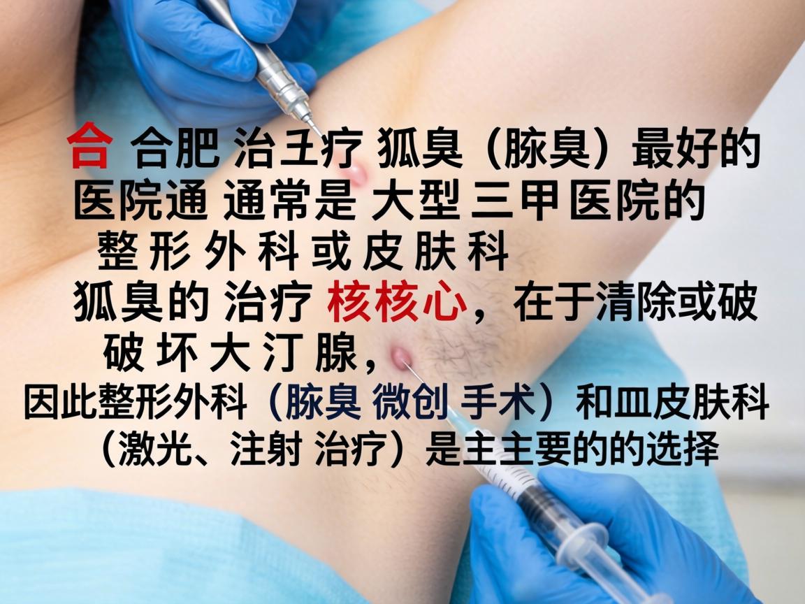 在合肥,治疗狐臭(腋臭)最好的医院通常是大型三甲医院的整形外科或皮肤科。狐臭的治疗核心在于清除或破坏大汗腺,因此整形外科(腋臭微创手术)和皮肤科(激光、注射治疗)是主要的选择 在合肥,治疗狐臭(腋臭)最好的医院通常是大型三甲医院的整形外科或皮肤科。狐臭的治疗核心在于清除或破坏大汗腺,因此整形外科(腋臭微创手术)和皮肤科(激光、注射治疗)是主要的选择
