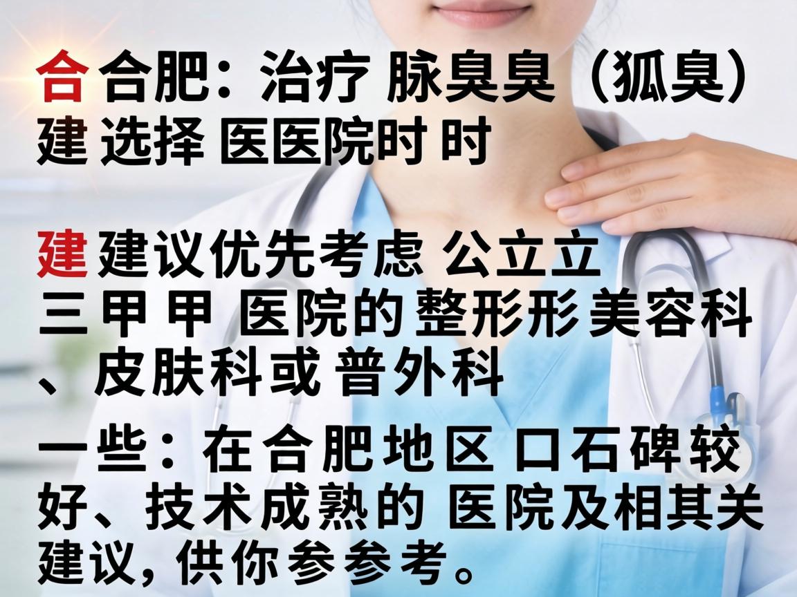 在合肥，治疗腋臭（狐臭）选择医院时，建议优先考虑公立三甲医院的整形美容科、皮肤科或普外科。以下是一些在合肥地区口碑较好、技术成熟的医院及相关建议，供你参考