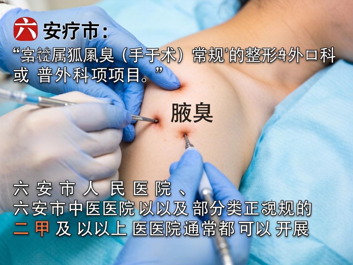 在六安市,腋臭(狐臭)手术属于常规的整形外科或普外科项目,六安市人民医院、六安市中医院以及部分正规的二甲及以上医院通常都可以开展 在六安市,腋臭(狐臭)手术属于常规的整形外科或普外科项目,六安市人民医院、六安市中医院以及部分正规的二甲及以上医院通常都可以开展