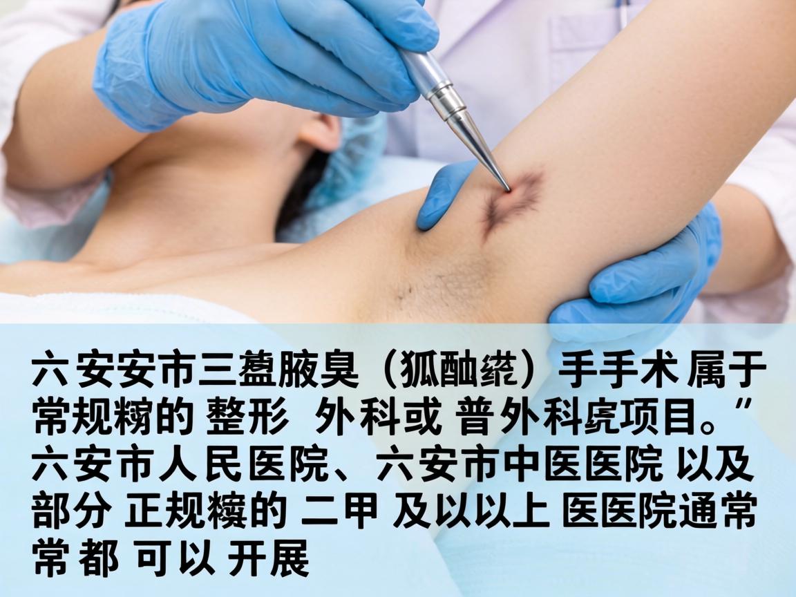 在六安市,腋臭(狐臭)手术属于常规的整形外科或普外科项目,六安市人民医院、六安市中医院以及部分正规的二甲及以上医院通常都可以开展 在六安市,腋臭(狐臭)手术属于常规的整形外科或普外科项目,六安市人民医院、六安市中医院以及部分正规的二甲及以上医院通常都可以开展