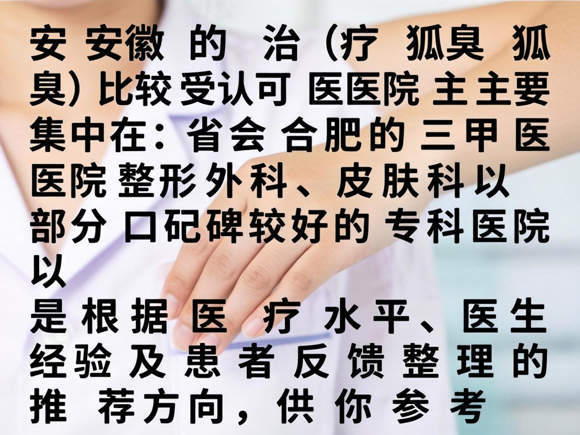 在安徽，治疗狐臭（腋臭）比较受认可的医院主要集中在省会合肥的三甲医院整形外科、皮肤科以及部分口碑较好的专科医院。以下是根据医疗水平、医生经验及患者反馈整理的推荐方向，供你参考