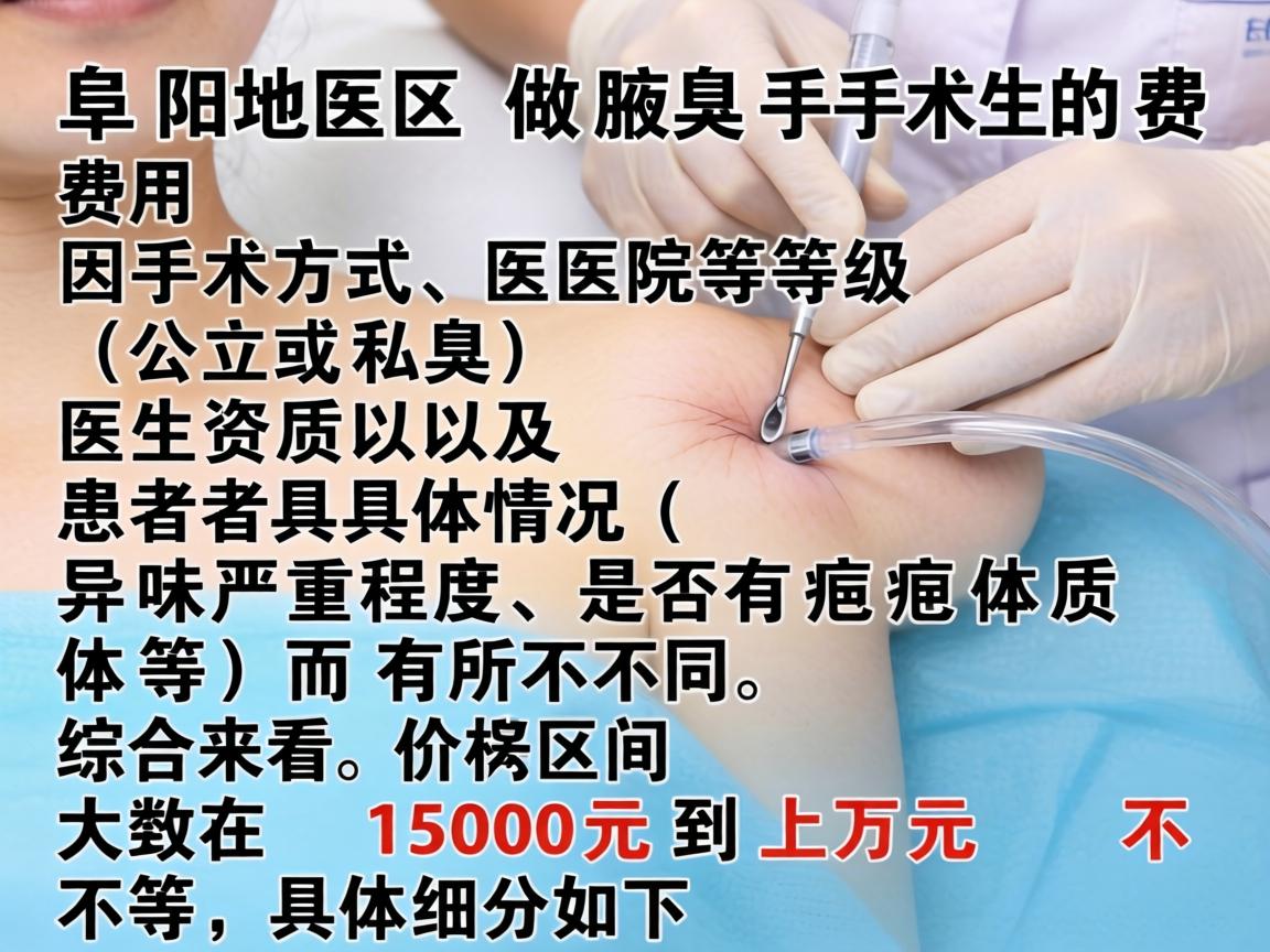 阜阳地区做腋臭手术的费用因手术方式、医院等级(公立或私立)医生资质以及患者具体情况(如异味严重程度、是否有疤痕体质等)而有所不同。综合来看,价格区间大致在 1500元到上万元 不等,具体细分如下 阜阳地区做腋臭手术的费用因手术方式、医院等级(公立或私立)医生资质以及患者具体情况(如异味严重程度、是否有疤痕体质等)而有所不同。综合来看,价格区间大致在 1500元到上万元 不等,具体细分如下
