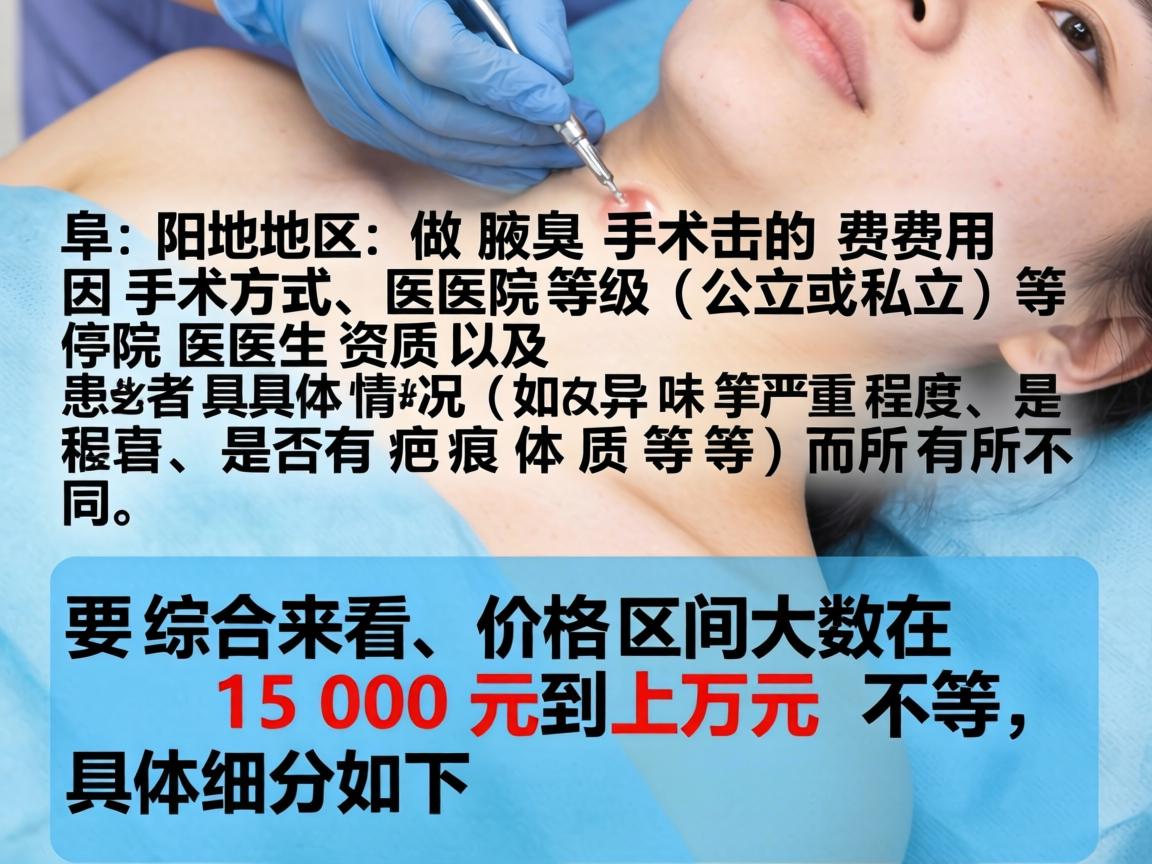 阜阳地区做腋臭手术的费用因手术方式、医院等级(公立或私立)医生资质以及患者具体情况(如异味严重程度、是否有疤痕体质等)而有所不同。综合来看,价格区间大致在 1500元到上万元 不等,具体细分如下 阜阳地区做腋臭手术的费用因手术方式、医院等级(公立或私立)医生资质以及患者具体情况(如异味严重程度、是否有疤痕体质等)而有所不同。综合来看,价格区间大致在 1500元到上万元 不等,具体细分如下