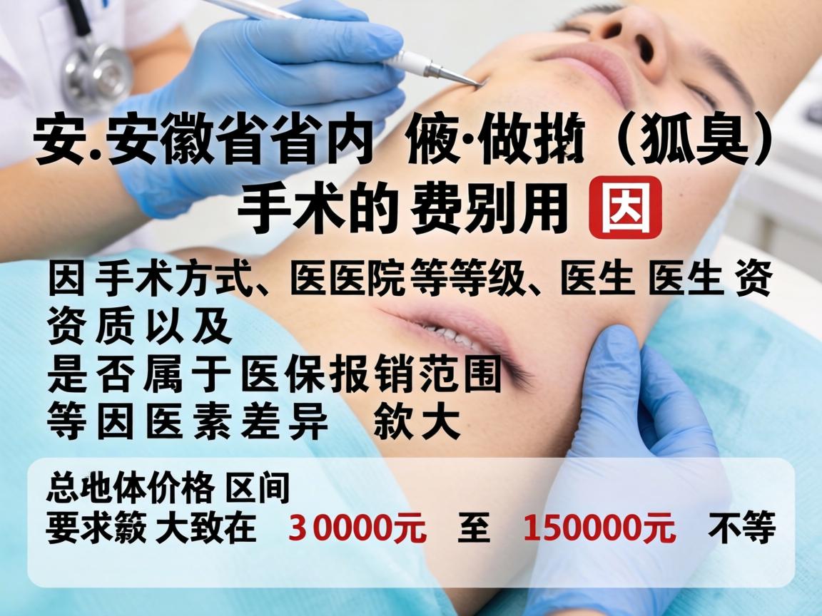 安徽省内做狐臭(腋臭)手术的费用因手术方式、医院等级、医生资质以及是否属于医保报销范围等因素差异较大。总体价格区间大致在 3000元 至 15000元 不等 安徽省内做狐臭(腋臭)手术的费用因手术方式、医院等级、医生资质以及是否属于医保报销范围等因素差异较大。总体价格区间大致在 3000元 至 15000元 不等
