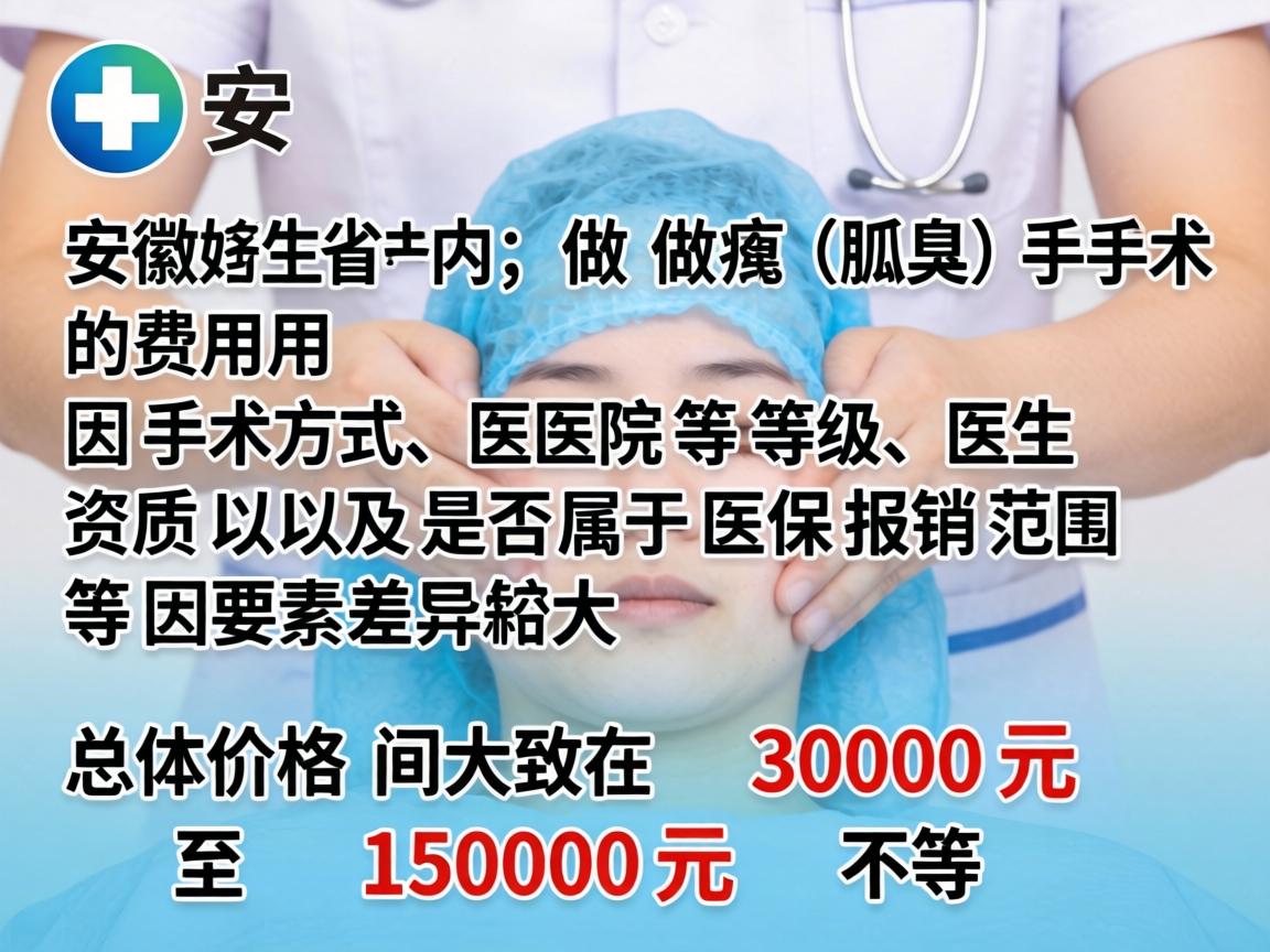 安徽省内做狐臭(腋臭)手术的费用因手术方式、医院等级、医生资质以及是否属于医保报销范围等因素差异较大。总体价格区间大致在 3000元 至 15000元 不等 安徽省内做狐臭(腋臭)手术的费用因手术方式、医院等级、医生资质以及是否属于医保报销范围等因素差异较大。总体价格区间大致在 3000元 至 15000元 不等