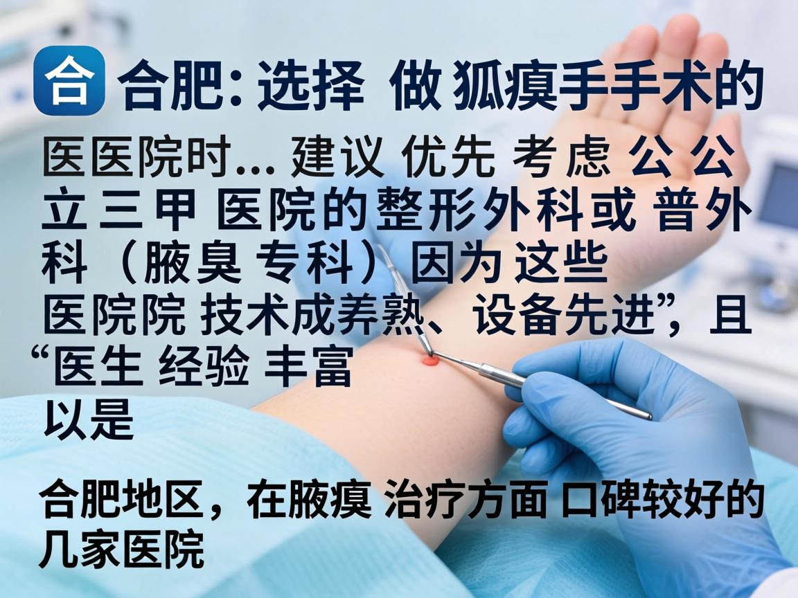 在合肥，选择做狐臭手术的医院时，建议优先考虑公立三甲医院的整形外科或普外科（腋臭专科）因为这些医院技术成熟、设备先进，且医生经验丰富。以下是合肥地区在腋臭治疗方面口碑较好的几家医院