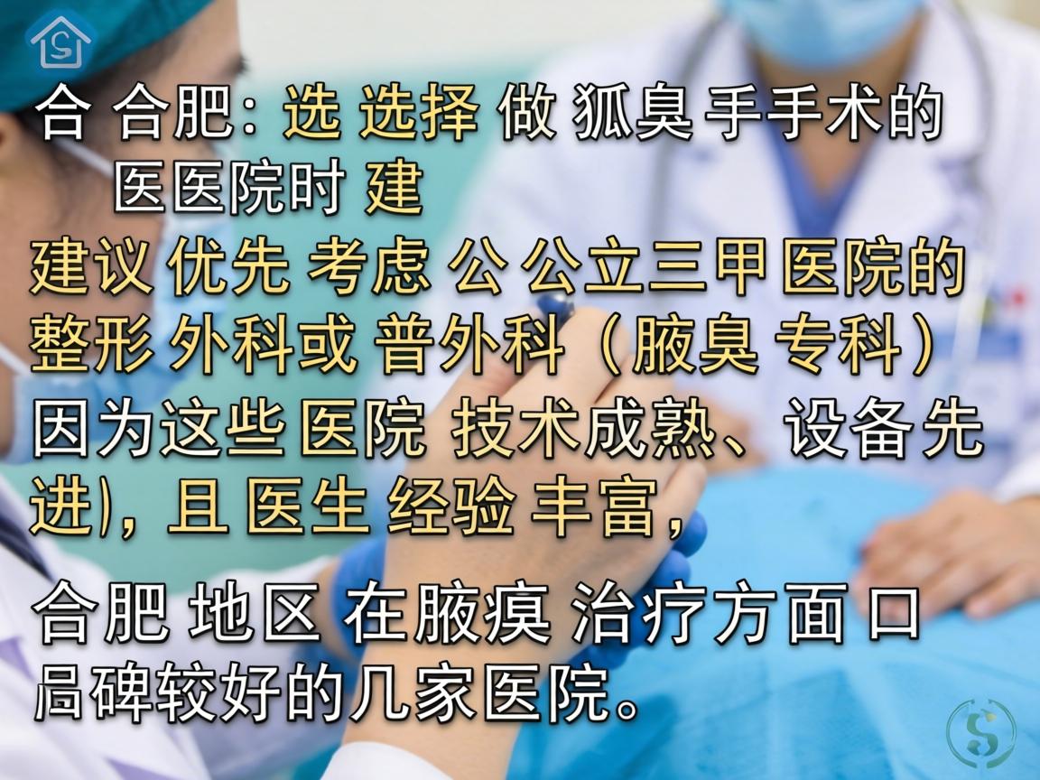 在合肥，选择做狐臭手术的医院时，建议优先考虑公立三甲医院的整形外科或普外科（腋臭专科）因为这些医院技术成熟、设备先进，且医生经验丰富。以下是合肥地区在腋臭治疗方面口碑较好的几家医院