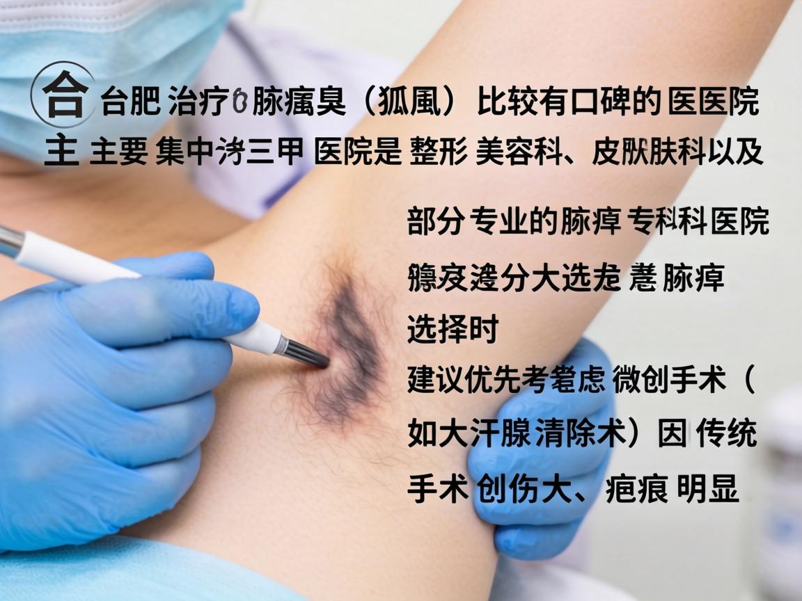 在合肥，治疗腋臭（狐臭）比较有口碑的医院主要集中在三甲医院的整形美容科、皮肤科以及部分专业的腋臭专科医院。选择时建议优先考虑微创手术（如大汗腺清除术）因为传统手术创伤大、疤痕明显