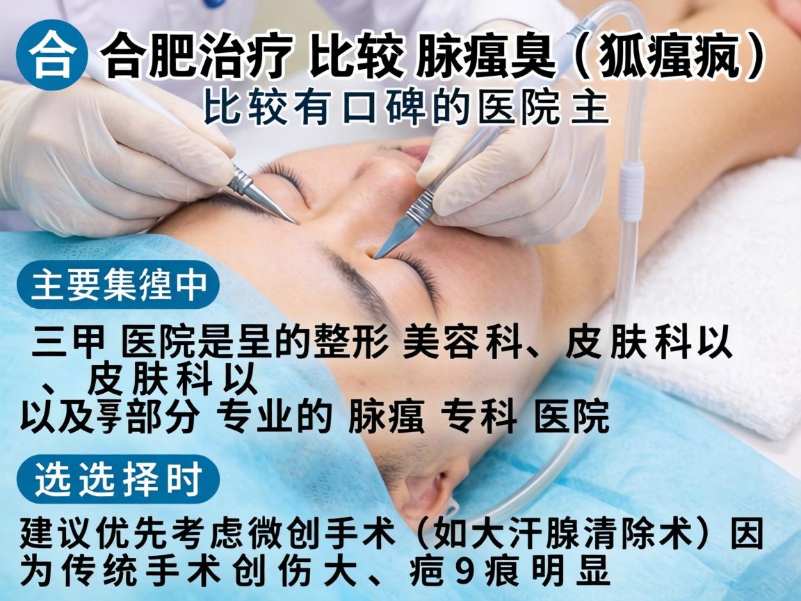 在合肥，治疗腋臭（狐臭）比较有口碑的医院主要集中在三甲医院的整形美容科、皮肤科以及部分专业的腋臭专科医院。选择时建议优先考虑微创手术（如大汗腺清除术）因为传统手术创伤大、疤痕明显