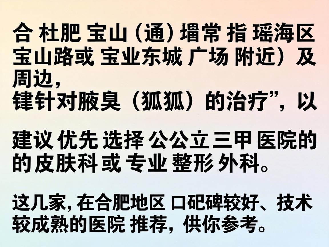 在合肥宝山（通常指瑶海区宝山路或宝业东城广场附近）及周边，针对腋臭（狐臭）的治疗，建议优先选择公立三甲医院的皮肤科或专业整形外科。以下是几家在合肥地区口碑较好、技术较成熟的医院推荐，供你参考