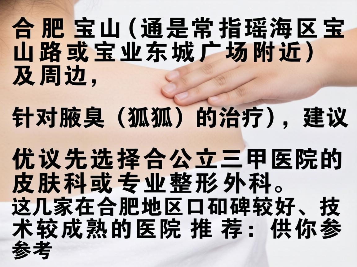 在合肥宝山（通常指瑶海区宝山路或宝业东城广场附近）及周边，针对腋臭（狐臭）的治疗，建议优先选择公立三甲医院的皮肤科或专业整形外科。以下是几家在合肥地区口碑较好、技术较成熟的医院推荐，供你参考