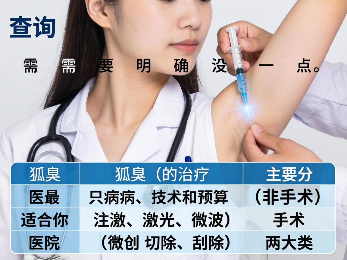 查询治疗狐臭最好的医院时，需要明确一点，医学上没有绝对最好的医院，只有最适合你病情、技术和预算的医院。狐臭（腋臭）的治疗主要分为非手术（如注射、激光、微波）和手术（微创切除、刮除）两大类