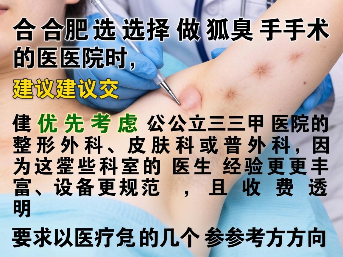 在合肥选择做狐臭手术的医院时，建议优先考虑公立三甲医院的整形外科、皮肤科或普外科，因为这些科室的医生经验更丰富、设备更规范，且收费透明。以下是几个参考方向