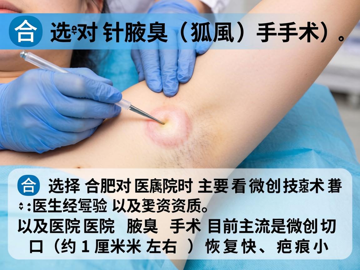 在合肥，针对腋臭（狐臭）手术，选择医院时主要看微创技术 医生经验 以及医院资质。腋臭手术目前主流是微创切口（约1厘米左右）恢复快、疤痕小