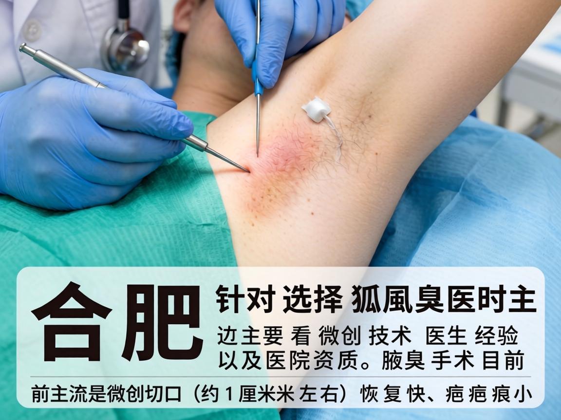 在合肥，针对腋臭（狐臭）手术，选择医院时主要看微创技术 医生经验 以及医院资质。腋臭手术目前主流是微创切口（约1厘米左右）恢复快、疤痕小