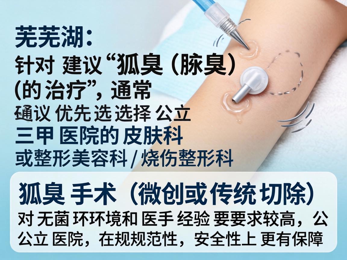 在芜湖，针对狐臭（腋臭）的治疗，通常建议优先选择公立三甲医院的皮肤科或整形美容科/烧伤整形科。狐臭手术（微创或传统切除）对无菌环境和医生经验要求较高，公立医院在规范性和安全性上更有保障