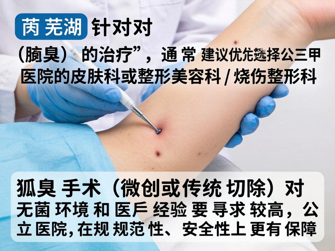 在芜湖，针对狐臭（腋臭）的治疗，通常建议优先选择公立三甲医院的皮肤科或整形美容科/烧伤整形科。狐臭手术（微创或传统切除）对无菌环境和医生经验要求较高，公立医院在规范性和安全性上更有保障