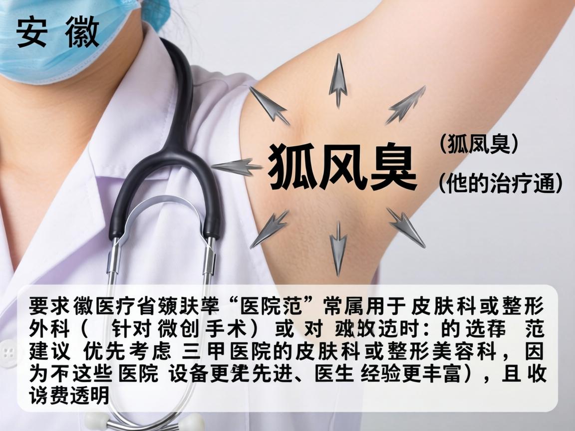 在安徽省，腋臭（狐臭）的治疗通常属于皮肤科或整形外科（针对微创手术）的范畴。选择医院时，建议优先考虑三甲医院的皮肤科或整形美容科，因为这些医院设备更先进、医生经验更丰富，且收费透明