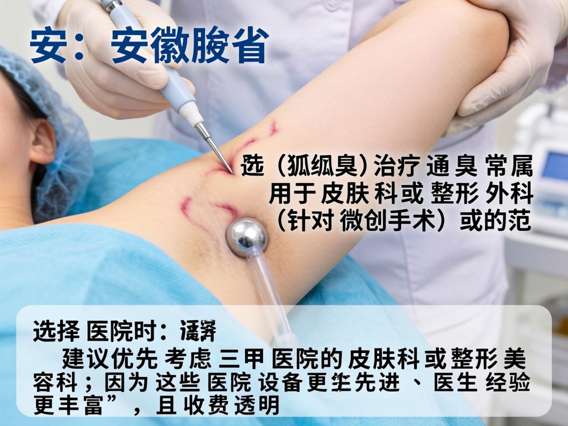 在安徽省，腋臭（狐臭）的治疗通常属于皮肤科或整形外科（针对微创手术）的范畴。选择医院时，建议优先考虑三甲医院的皮肤科或整形美容科，因为这些医院设备更先进、医生经验更丰富，且收费透明