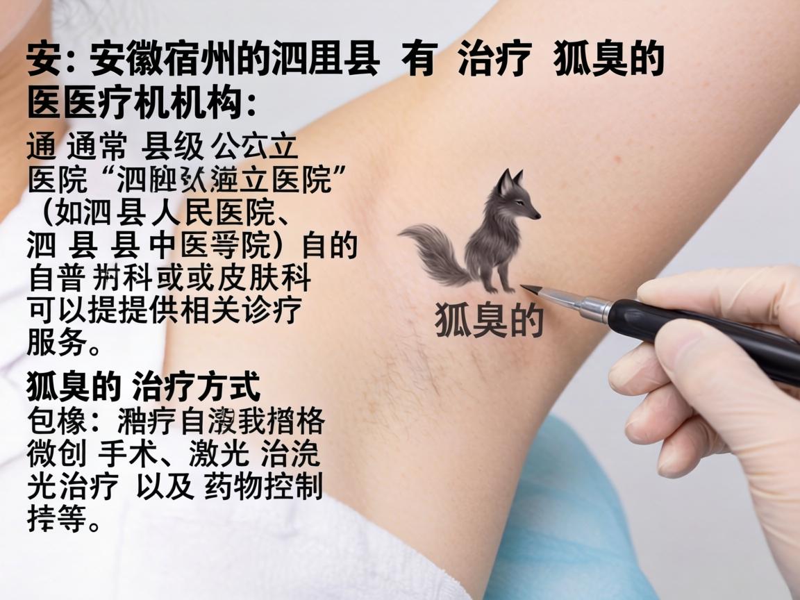 安徽宿州泗县有治疗狐臭的医疗机构，通常县级公立医院（如泗县人民医院、泗县中医院）的普外科或皮肤科可以提供相关诊疗服务。狐臭的治疗方式包括微创手术、激光治疗及药物控制等