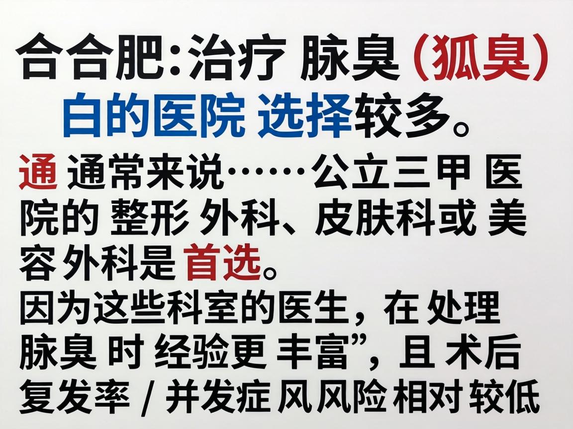 在合肥，治疗腋臭（狐臭）的医院选择较多。通常来说，公立三甲医院的整形外科、皮肤科或美容外科是首选，因为这些科室的医生在处理腋臭时经验更丰富，且术后复发率和并发症风险相对较低