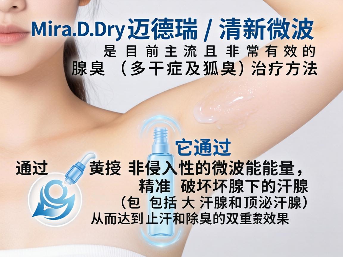 MiraDry(迈德瑞/清新微波)是目前主流且非常有效的腋臭(多汗症及狐臭)治疗方法。它通过非侵入性的微波能量,精准破坏腋下的汗腺(包括大汗腺和顶泌汗腺)从而达到止汗和除臭的双重效果 MiraDry(迈德瑞/清新微波)是目前主流且非常有效的腋臭(多汗症及狐臭)治疗方法。它通过非侵入性的微波能量,精准破坏腋下的汗腺(包括大汗腺和顶泌汗腺)从而达到止汗和除臭的双重效果