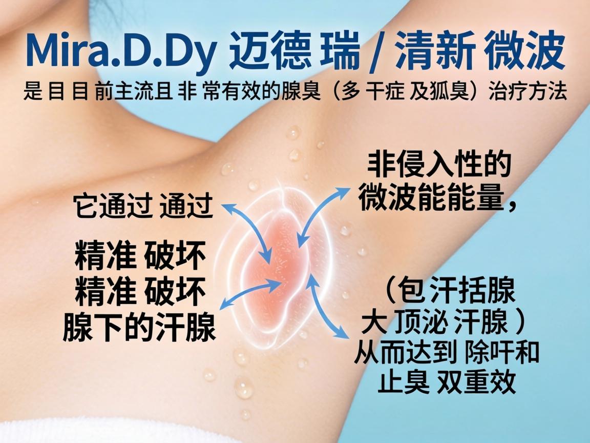MiraDry(迈德瑞/清新微波)是目前主流且非常有效的腋臭(多汗症及狐臭)治疗方法。它通过非侵入性的微波能量,精准破坏腋下的汗腺(包括大汗腺和顶泌汗腺)从而达到止汗和除臭的双重效果 MiraDry(迈德瑞/清新微波)是目前主流且非常有效的腋臭(多汗症及狐臭)治疗方法。它通过非侵入性的微波能量,精准破坏腋下的汗腺(包括大汗腺和顶泌汗腺)从而达到止汗和除臭的双重效果