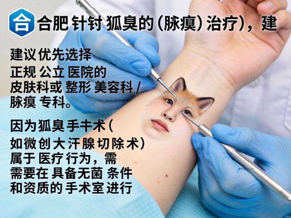 在合肥，针对狐臭（腋臭）的治疗，建议优先选择正规公立医院的皮肤科或整形美容科/腋臭专科。因为狐臭手术（如微创大汗腺切除术）属于医疗行为，需要在具备无菌条件和资质的手术室进行