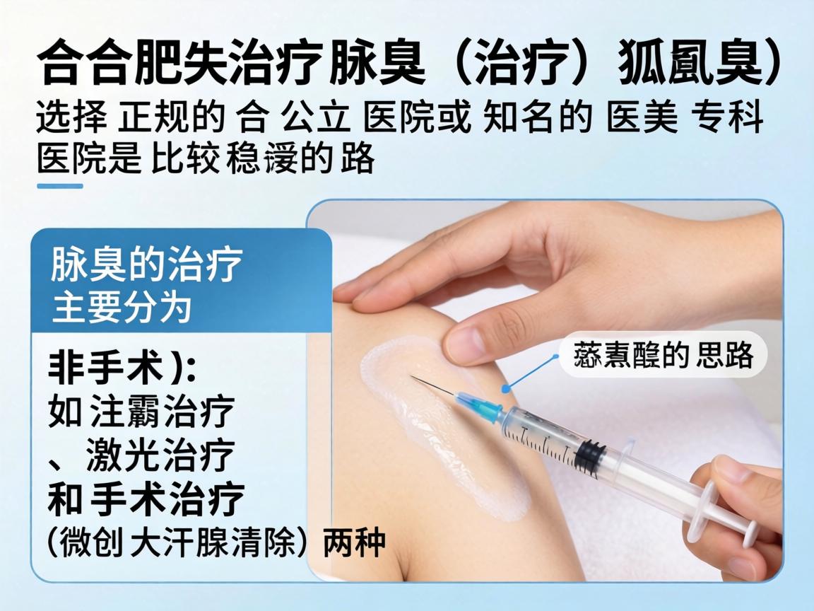 在合肥，治疗腋臭（狐臭）选择正规的公立医院或知名的医美专科医院是比较稳妥的思路。腋臭的治疗主要分为非手术（如注射治疗、激光治疗）和手术治疗（微创大汗腺清除）两种