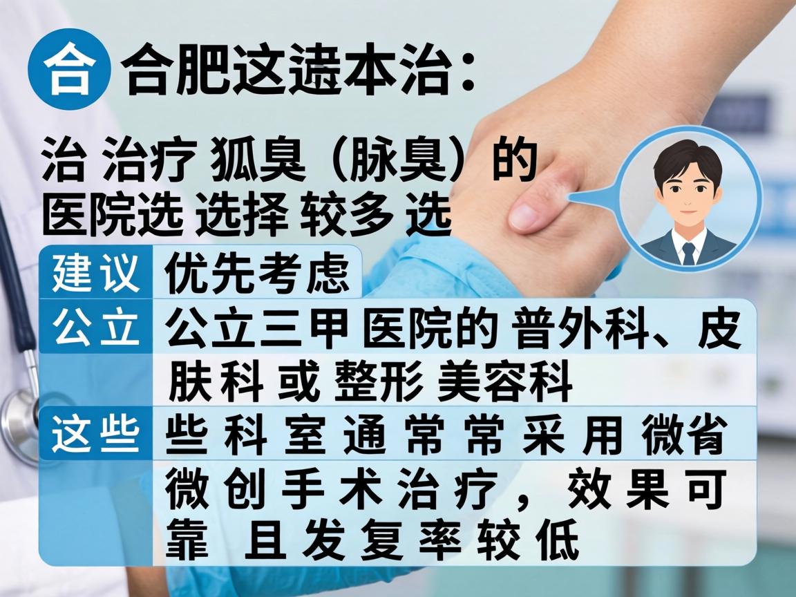 在合肥，治疗狐臭（腋臭）的医院选择较多，建议优先考虑公立三甲医院的普外科、皮肤科或整形美容科。这些科室通常采用微创手术治疗，效果可靠且复发率较低