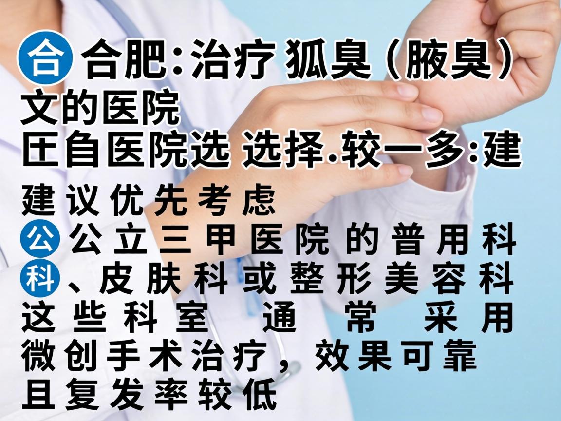 在合肥，治疗狐臭（腋臭）的医院选择较多，建议优先考虑公立三甲医院的普外科、皮肤科或整形美容科。这些科室通常采用微创手术治疗，效果可靠且复发率较低