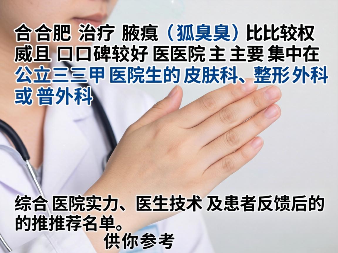 在合肥，治疗腋臭（狐臭）比较权威且口碑较好的医院主要集中在公立三甲医院的皮肤科、整形外科或普外科。以下是综合医院实力、医生技术及患者反馈后的推荐名单，供你参考